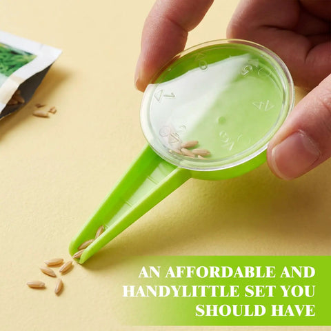 Mini Seed Spreader Handheld Seed Planter Tool in use showing seeds dispensed through dial settings, light green