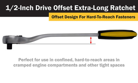 Half Inch Drive, 15 Inch Extra Long Offset Ratchet With 36-Tooth Reversible Mechanism, Chrome Vanadium Steel Construction