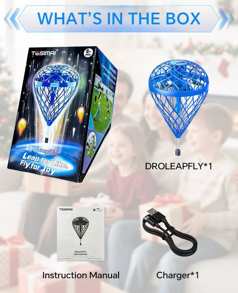 Hand Operated Mini Drone Magic Flying Orb Ball With Lights Rechargeable Outdoor Spinner Toy For Kids Teens 6 7 8 9 10 Plus Totally Fun Beginner Friendly Bouncing 3D Tricks And Multiplayer Play package, charger, and manual