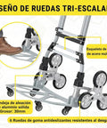 No Sweat Heavy Lifter And Smooth Operator Stair Climbing Cart with tri-wheel design and aluminum frame close up of wheels and base.