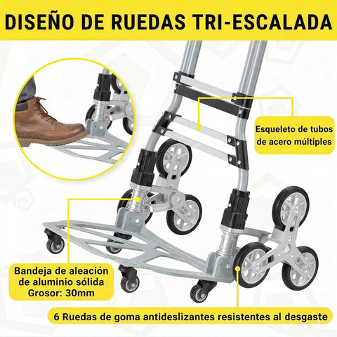 No Sweat Heavy Lifter And Smooth Operator Stair Climbing Cart with tri-wheel design and aluminum frame close up of wheels and base.