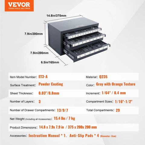 Drill Bit Dispenser Cabinet With Three Drawers, 29 Compartment Organizer displayed with dimensions and features.