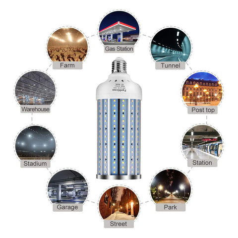 Ultra Bright 5000 Lumen 6500K Cool Daylight Corn Light Bulb 50W Equivalent For Outdoor And Indoor Use, E26 E27, showing uses.