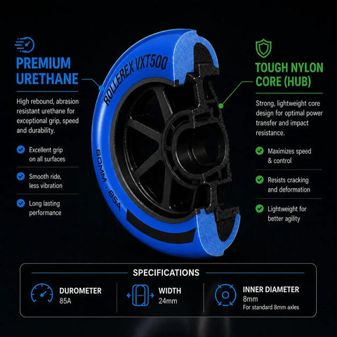 80mm Inline Skate Wheels 85A Urethane Dope Ride for Indoor and Outdoor Skating, Deep Sea Blue, cutaway view showing premium urethane and nylon core