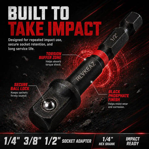 1/4" hex shank socket adapter showing secure ball lock and black phosphate finish for durability, part of Real Deal 88 Piece Impact Driver And Magnetic Screwdriver Bit Set Tough Build S2 Steel.