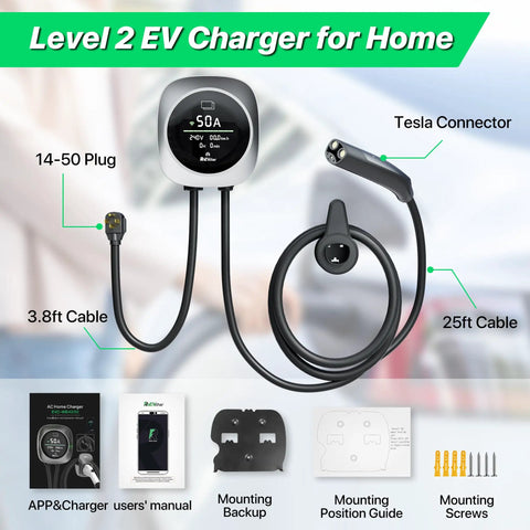 Tesla Level 2 50A EV Charger With NACS Connector Smart App Control Large Display RFID Access 25 Ft Cable 14 50 Plug