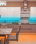 Modern kitchen with 100 Feet LED Light Strips for Bedroom With Color Changing LED Tape under cabinets, 44 key remote.