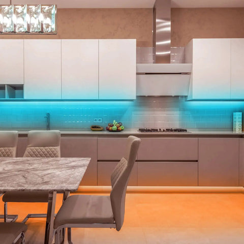 Modern kitchen with 100 Feet LED Light Strips for Bedroom With Color Changing LED Tape under cabinets, 44 key remote.
