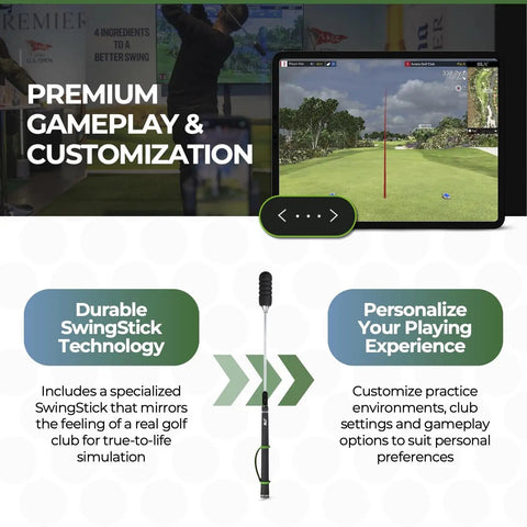 MicroSim Indoor Mobile Golf Simulator with 4K Home Golf Action Motion Sensor Swing Stick and tablet interface display