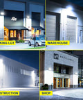 120W Outdoor LED Wall Pack Light 15840 Lumens 5000K Daylight IP65 Waterproof Security Flood Light illuminating parking lot, warehouse, construction site, and shop entrance