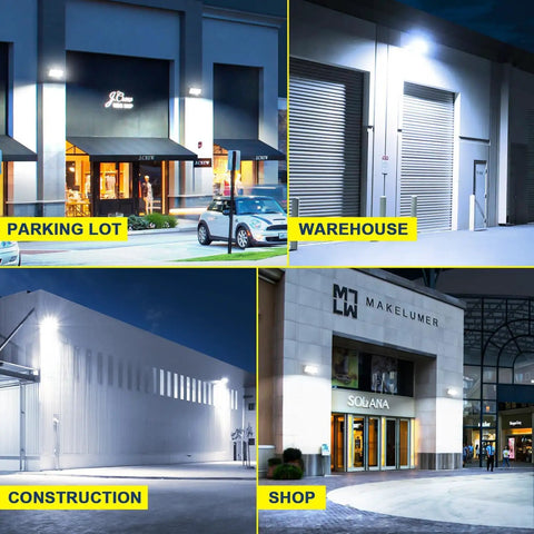120W Outdoor LED Wall Pack Light 15840 Lumens 5000K Daylight IP65 Waterproof Security Flood Light illuminating parking lot, warehouse, construction site, and shop entrance