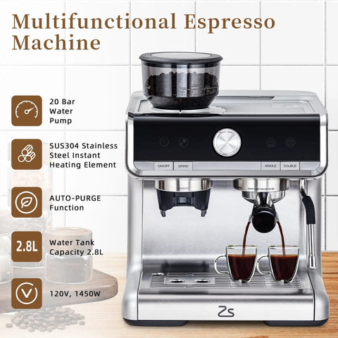 Pro Grade Espresso Coffee Machine With Built In Grinder And 20 Bar Pump Featuring Fast Steam Milk Frother Wand For That Straight Up Barista Quality Cup Every Time with a sleek stainless steel design.
