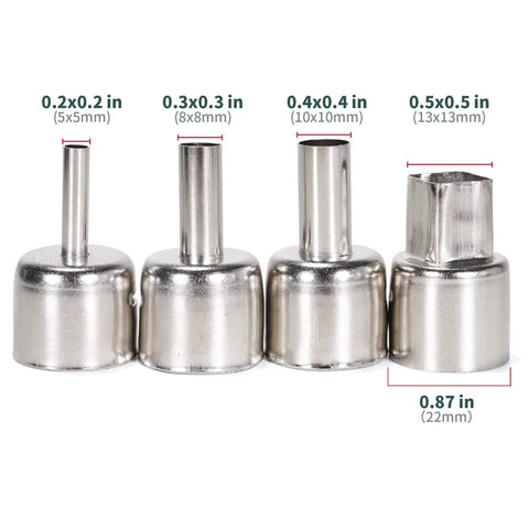 Set of four metal nozzles for 4 in 1 Pro Grade Infrared BGA Soldering Station With Preheater, Hot Air Rework, and Soldering Iron.