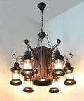 Farmhouse Rustic Chandelier For Dining Room With 6 Lights, Adjustable Height Retro Pendant Light Fixture with wooden design