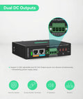 Heavy Duty Industrial Gigabit PoE Plus Splitter With Dual DC Outputs And Adjustable Voltage mounted on a surface, showcasing connections and outputs.