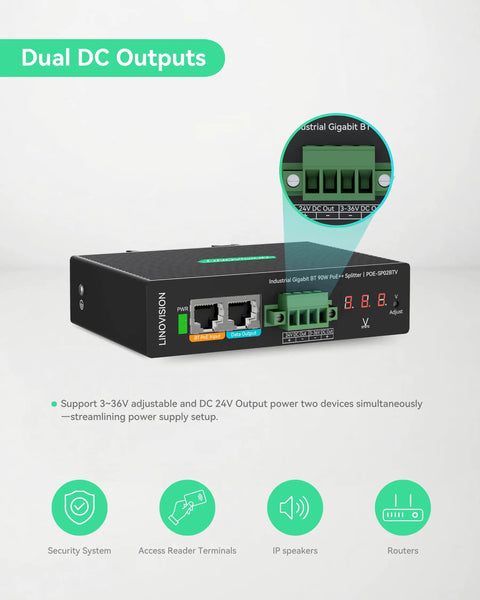 Heavy Duty Industrial Gigabit PoE Plus Splitter With Dual DC Outputs And Adjustable Voltage mounted on a surface, showcasing connections and outputs.