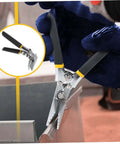 Person using Metal Bender Hand Seamer Tool With Straight Jaw Pliers For Roofing And Sheet Metal Projects Easy Clamp And Precise Bending
