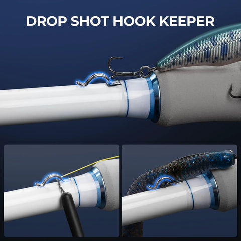 Centron Lite Travel Fishing Rods drop shot hook keeper close-up with spinning and casting rod, IM6 graphite blank shown.