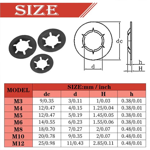 Heavy Duty Lock Washers Set With 260 To 520 Pcs M3 To M12 Star Push On Locking Fasteners Assortment Kit size chart