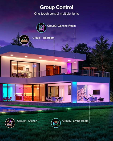 DUSKTEC Smart Recessed Lighting 4 Inch Color Changing LED Recessed Lights showcased in modern home for group control feature.