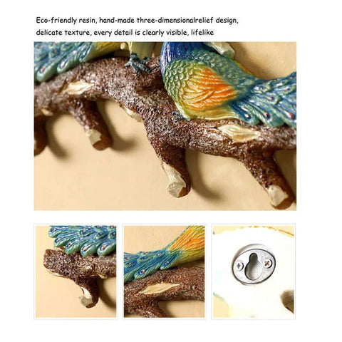 Close-up of Wall Mounted Double Coat Hooks Straight Up Durable Bathrobe Hanger, eco-friendly resin with vibrant peacock design.
