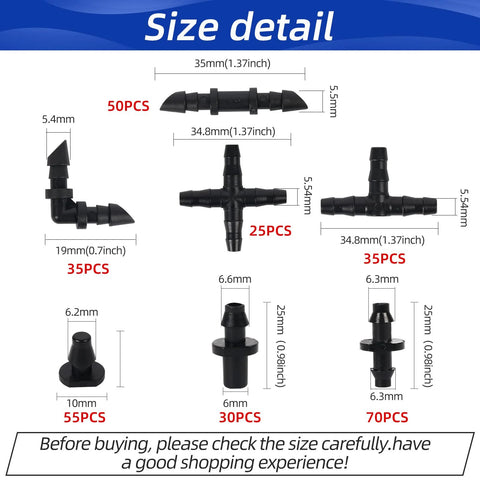 Front view of WISSXNA 300pcs barbed irrigation fittings kit for 1/4" tubing with elbows, tees, crosses, plugs