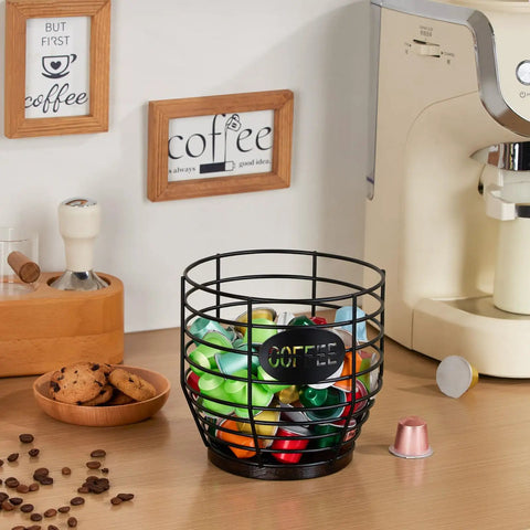 Large Capacity Black Wire Coffee Pod Holder With Wooden Base on kitchen counter next to coffee machine and snacks