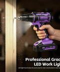 20V Cordless Drill With Fast Charging Battery And Keyless Chuck Purple Built Like A Tank For Any Weekend Hack And Comes Loaded With Screwdriver Bits For Quick Fixes Around Town, drilling into wood with LED light.