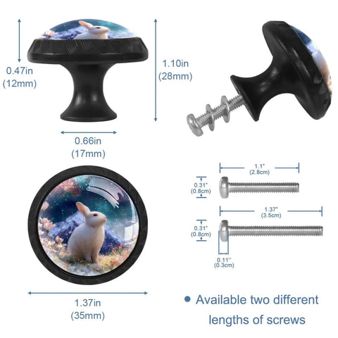 Four Pack Rabbit Flower Cabinet Knobs 1.37 Inch Round Drawer Pulls with size chart and screws included