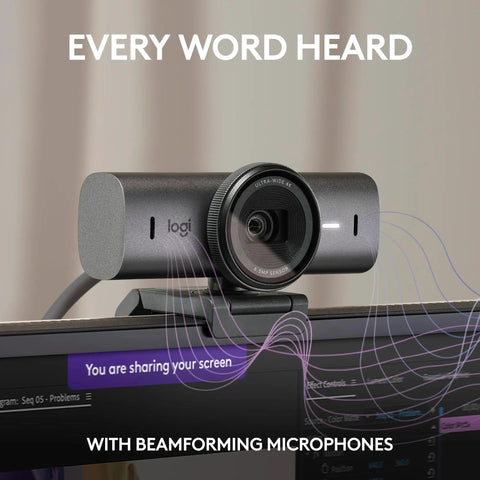 Next Level Ultra HD 4K Webcam For Smooth Streaming And Remote Calls Featuring AI Enhanced Framing And Crisp Gameplay Capture That Legit Goes Hard In Graphite mounted on a monitor.