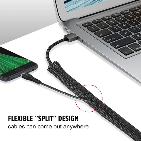 No Sweat 10 Foot 1/2 Inch Black Cable Sleeve Split Wire Loom Tubing for quick cord management around laptop and phone.