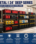 Heavy Duty 5 Tier Garage Shelving Unit With Reinforced Steel Wire Mesh Shelves, 24 Inch Deep, 72 Inch High, 40W x 24D, Keeps 27-Gallon Totes, Tools, Basement And Warehouse Organized, Black in garage with tools and totes