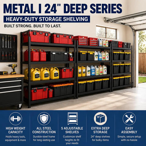 Heavy Duty 5 Tier Garage Shelving Unit With Reinforced Steel Wire Mesh Shelves, 24 Inch Deep, 72 Inch High, 40W x 24D, Keeps 27-Gallon Totes, Tools, Basement And Warehouse Organized, Black in garage with tools and totes
