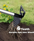 60 Inch Long Handle Weed Puller Tool with adjustable lengths showing 6-tooth weeder head in garden, no bending design.