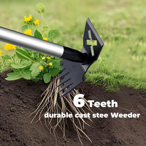 60 Inch Long Handle Weed Puller Tool with adjustable lengths showing 6-tooth weeder head in garden, no bending design.