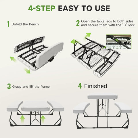 Instruction guide illustrating a Picnic Table With Benches Set For Outdoor And Indoor Use All Weather Steel Frame Stable And Easy To Clean