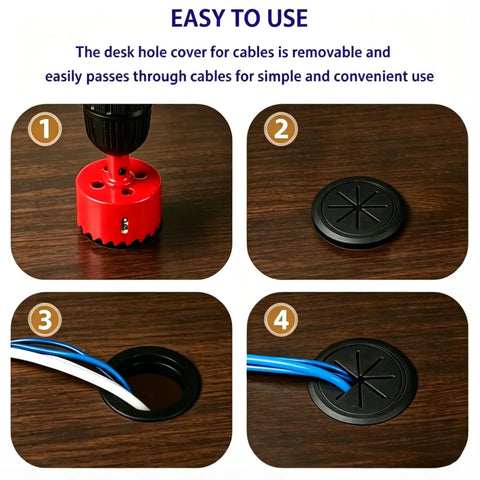 Premium Black Desk Grommets 2 Inch 10 Pack With Cable Management Kit, showing installation with cable management tool.