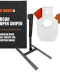 American Made Beefy AR500 Steel Target Sniper Style Silhouette 12 By 20 Inch With 6 Inch Center Paddle And Tactical Head Triangle Armored Base For Long Range And Close Range Shooting Practice displayed on stand next to packaging box