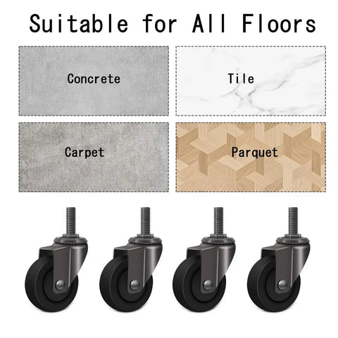 Top Tier Heavy Duty Stem Casters With Smooth Rolling 360 Swivel TPR Wheels and Snug Locking M6 M8 M10 Threads on multiple floor types.