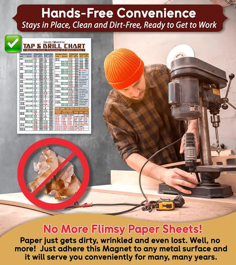 Dead Nuts Accurate Magnetic Tap And Drill Metric Conversion Chart 8.5 X 11 Inches displayed on a workshop wall for easy access.