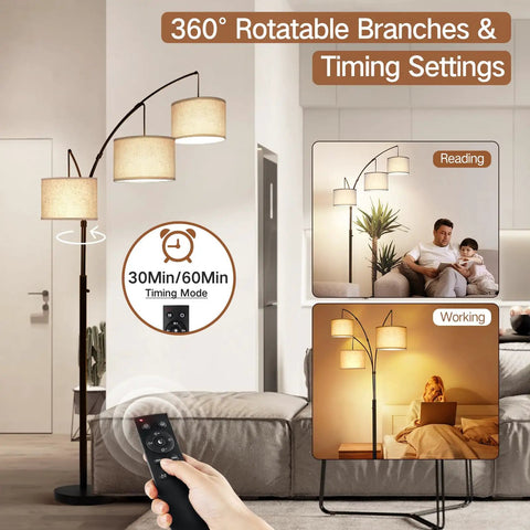 Arc LED Floor Lamp With Remote Control, Dimmable Three Light Arched Tall Lamp in bedroom setting, beige lampshade.
