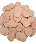 Sixty Pack Of Two Inch Natural Wood Slices Ideal For DIY Crafts And Seasonal Decor Unfinished round wood coins stacked.