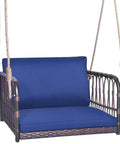 Cozy Navy Rattan Patio Swing Chair For One With Cushions, Heavy Duty Metal Frame And Sturdy Hanging Ropes, Wicker Woven Seat
