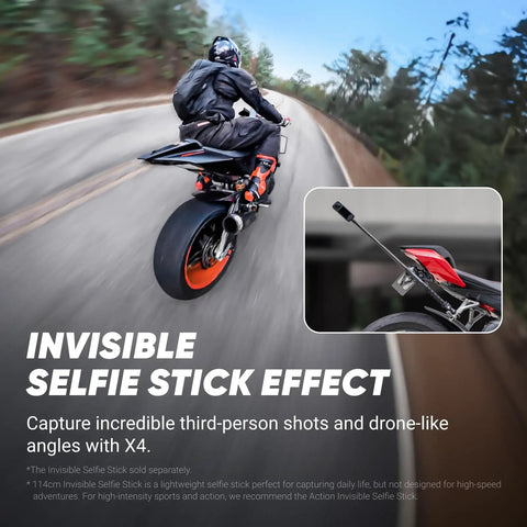 Motorcyclist using X4 8K 360 Action Camera Bundle With Waterproof Build Pro Grade 4K Wide Angle Video Invisible Selfie Stick Effect.