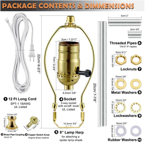 Top Shelf Lamp Making Kit Featuring Extra Long Twelve Foot Cord And Slick Gold Socket Hardware, includes brass socket and lamp parts.