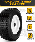 Flat Free Tire And Wheel Set 13x5.00-6 For Riding Lawn Mower, Solid Rubber Tire with traction features and white rim