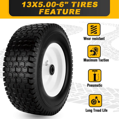 Flat Free Tire And Wheel Set 13x5.00-6 For Riding Lawn Mower, Solid Rubber Tire with traction features and white rim