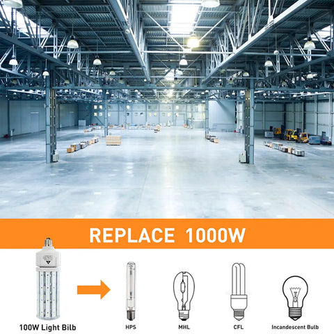 Interior of a large industrial warehouse lit by 2 Pack 100W LED Corn Light Bulbs Super Bright 15000 Lumens Daylight 5000K. Replacement for old bulbs.