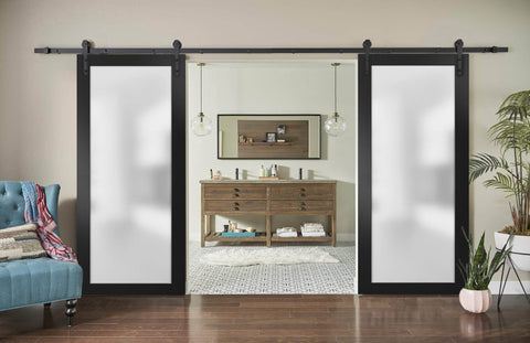 Sturdy Sliding Double Barn Door With Frosted Glass In Matte Black Finish Planum 2102 Modern Solid Panel Interior Doors Kit