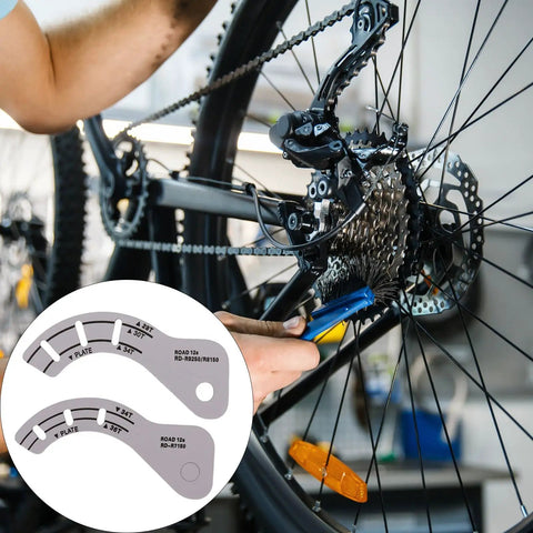 Adjustable Bike Derailleur Gauge For 12 Speed Electronic Drivetrains shown in use on a bike for smooth shifts and longevity tool-free setup